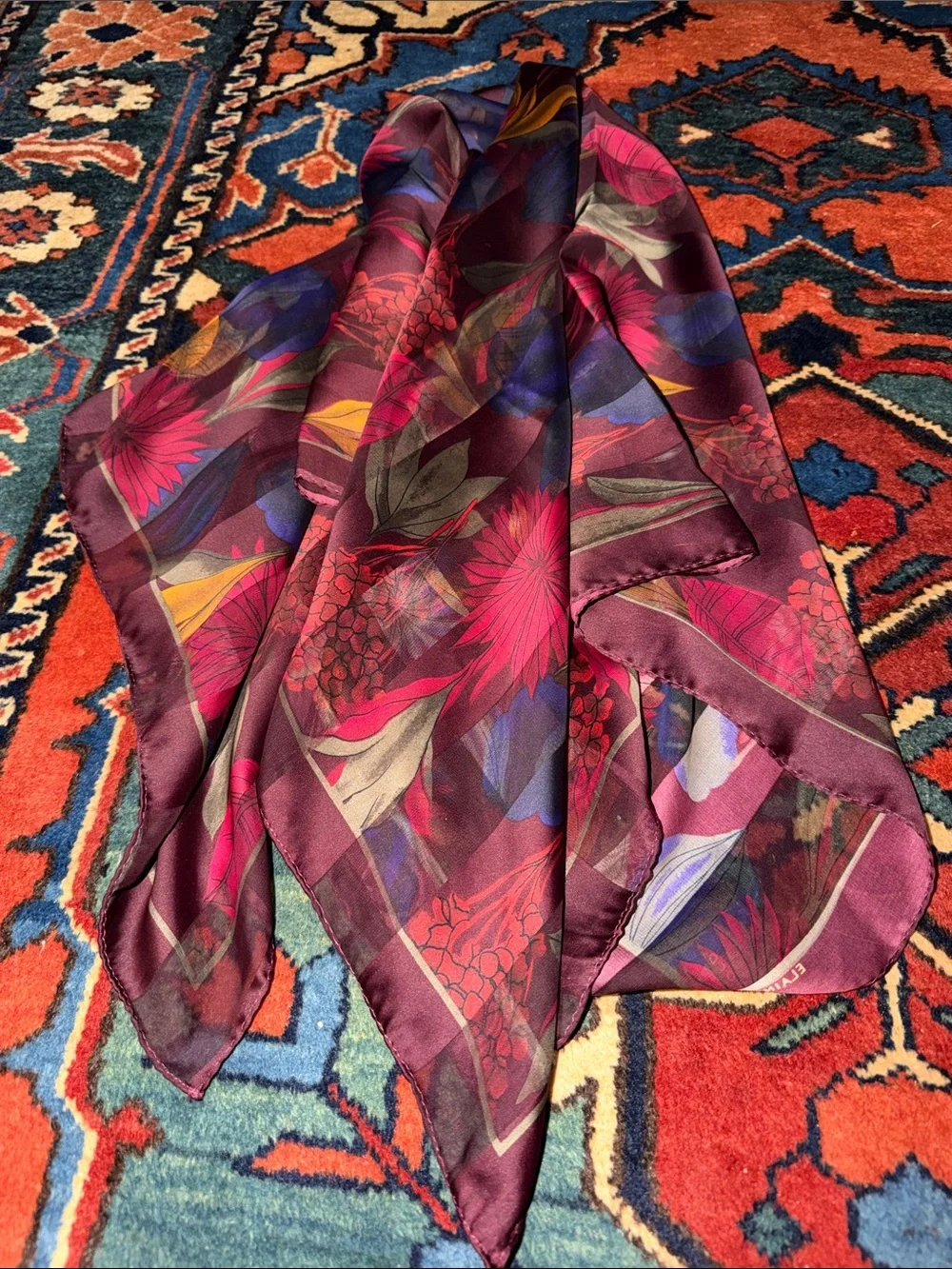 VTG Elaine Gold Floral Striped Silk Chiffon Scarf Jewel Tone Pink Purple